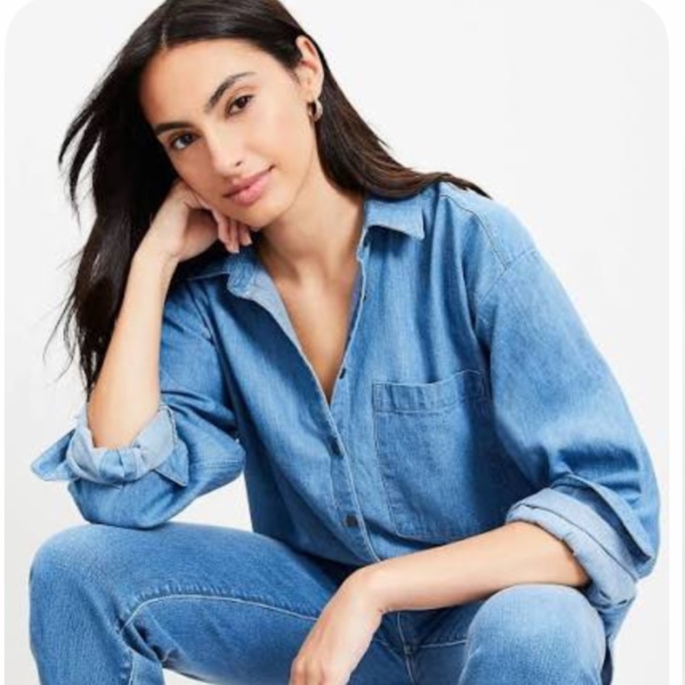 LOFT Chambray Oversized Button-Up Pocket Shirt, NWT - Picture 2 of 9